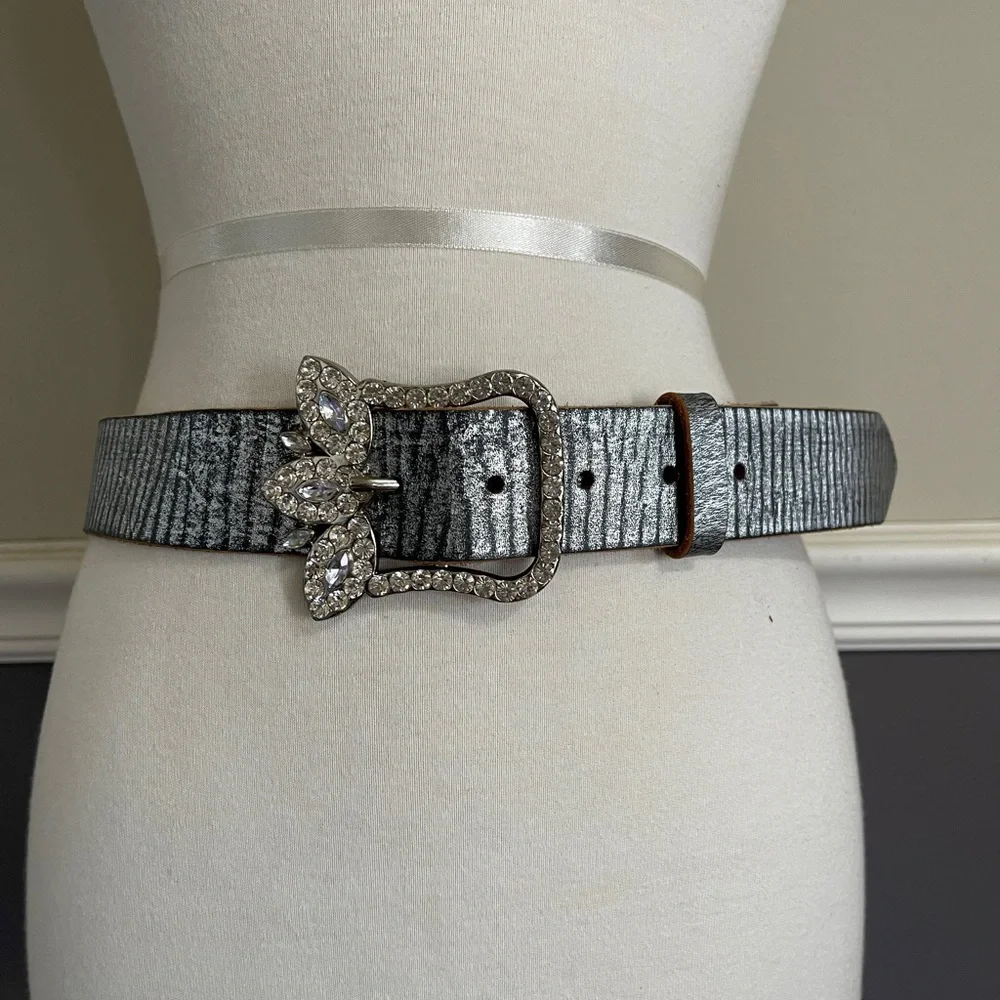 Arden B Silver & Rhinestone Buckle Leather Belt